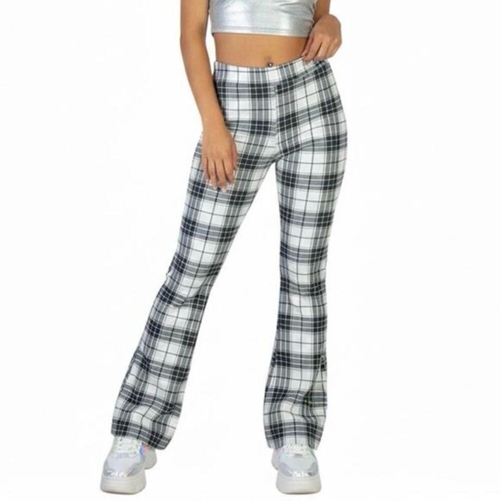 Grayson Threads Plaid Flare Pants Womens XL White Brown High Rise Retro Y2K